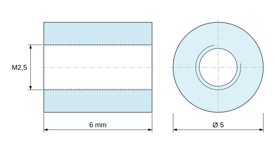Plan coté Entretoise ronde filetée femelle/femelle plastique polyacétal POM blanc UL94-HB M2,5 - Ø5 mm