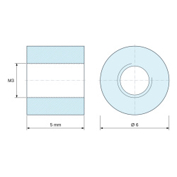 Plan coté 5 mm, Entretoise ronde filetée femelle/femelle plastique polyamide PA6 renforcé fibre de verre blanc UL94-V2 M3 - Ø6 mm