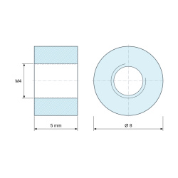 Plan coté 5 mm, Entretoise ronde filetée femelle/femelle plastique polyamide PA6 renforcé fibre de verre naturel UL94-V2 M4 - Ø8 mm