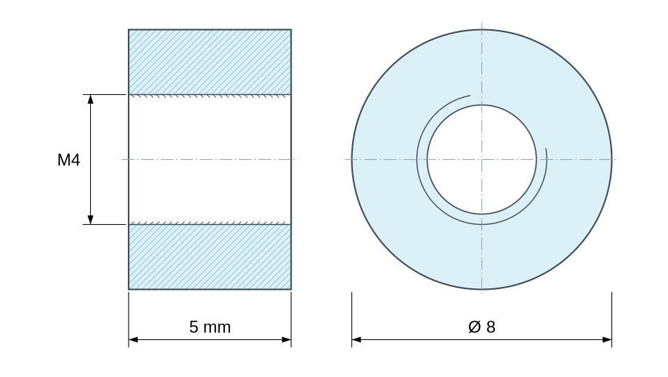 Plan coté Entretoise ronde filetée femelle/femelle plastique polyamide PA6 renforcé fibre de verre naturel UL94-V2 M4 - Ø8 mm