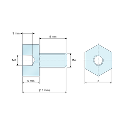 Plan coté 5 mm / 8 mm, Entretoise hexagonale filetée mâle/femelle plastique polyamide PA6.6 M3 / M4 - 8 mm sur plats