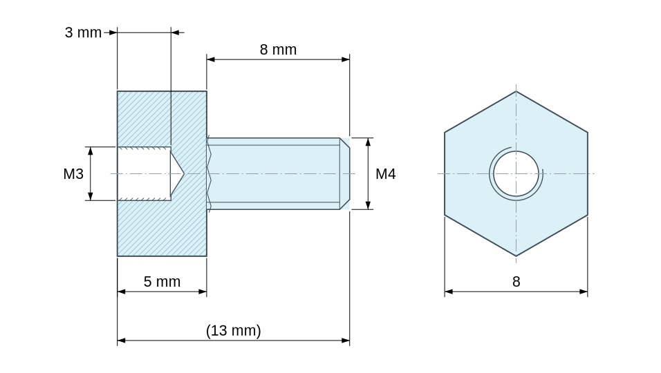 Plan coté Entretoise hexagonale filetée mâle/femelle plastique polyamide PA6.6 M3 / M4 - 8 mm sur plats