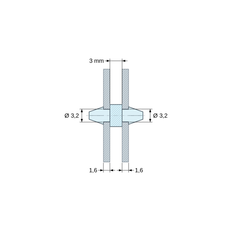Plan coté 3 mm, Support de carte à clipser des deux côtés, polyamide PA6.6 naturel UL94-V2, trou de carte Ø3,2 mm, carte 1,6 mm