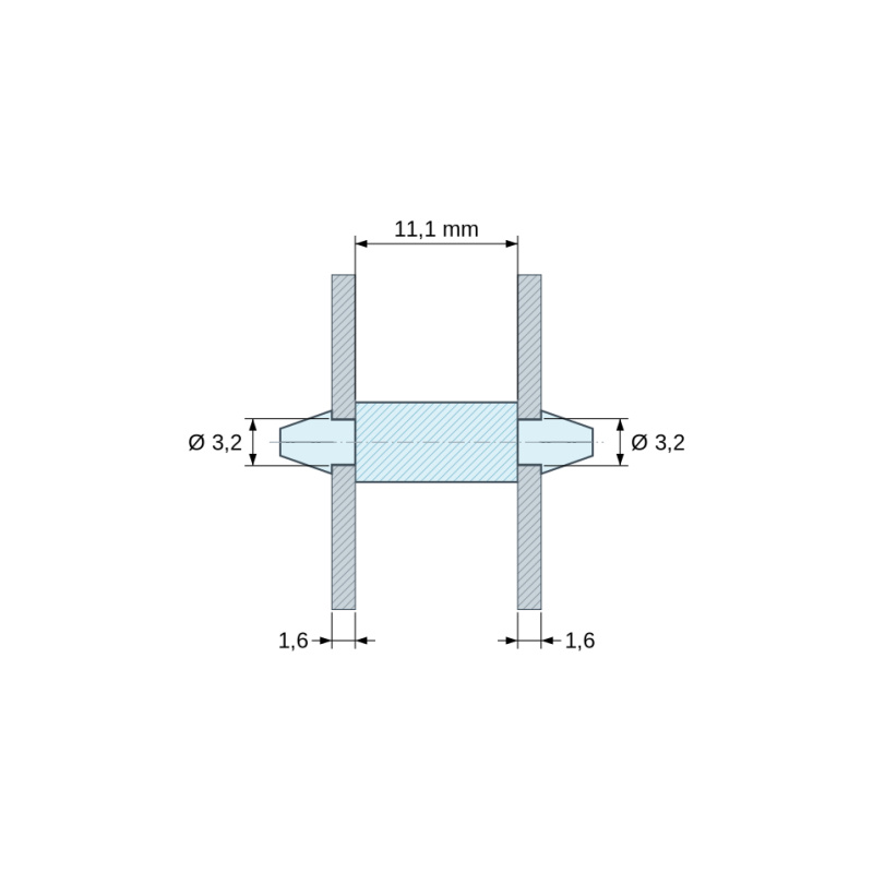 Plan coté 11,1 mm, Support de carte à clipser des deux côtés, polyamide PA6.6 naturel UL94-V2, trou de carte Ø3,2 mm, carte 1,6 mm