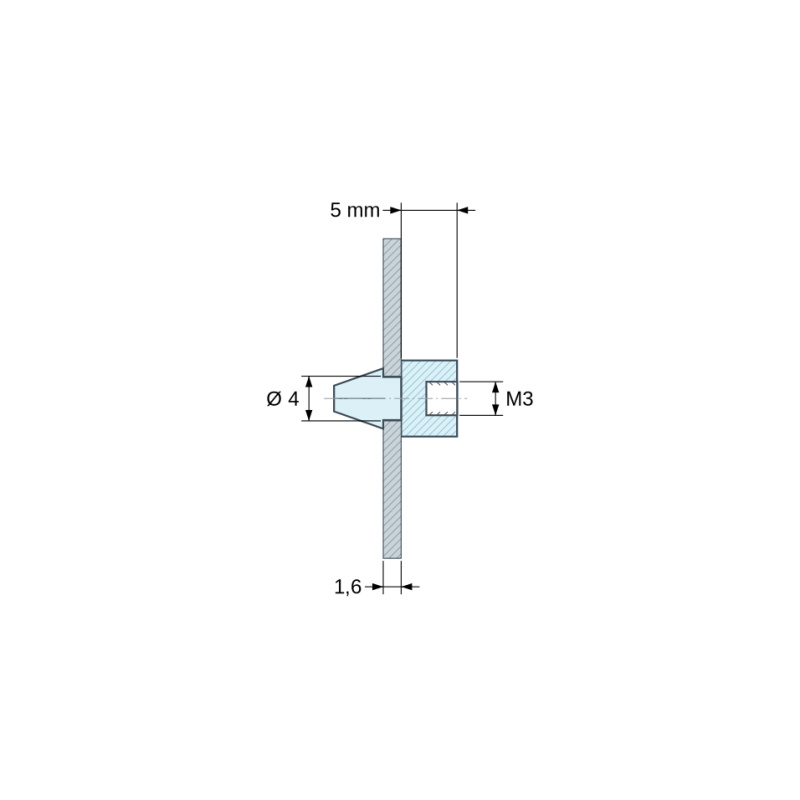 Plan coté 5 mm, Support de carte à clipser, taraudé M3, polyamide PA6.6 noir UL94-HB, trou de carte Ø4 mm, carte 1,6 mm