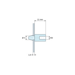 Plan coté 11 mm, Support de carte à clipser, taraudé M3, polyamide PA6.6 noir UL94-HB, trou de carte Ø4 mm, carte 1,6 mm