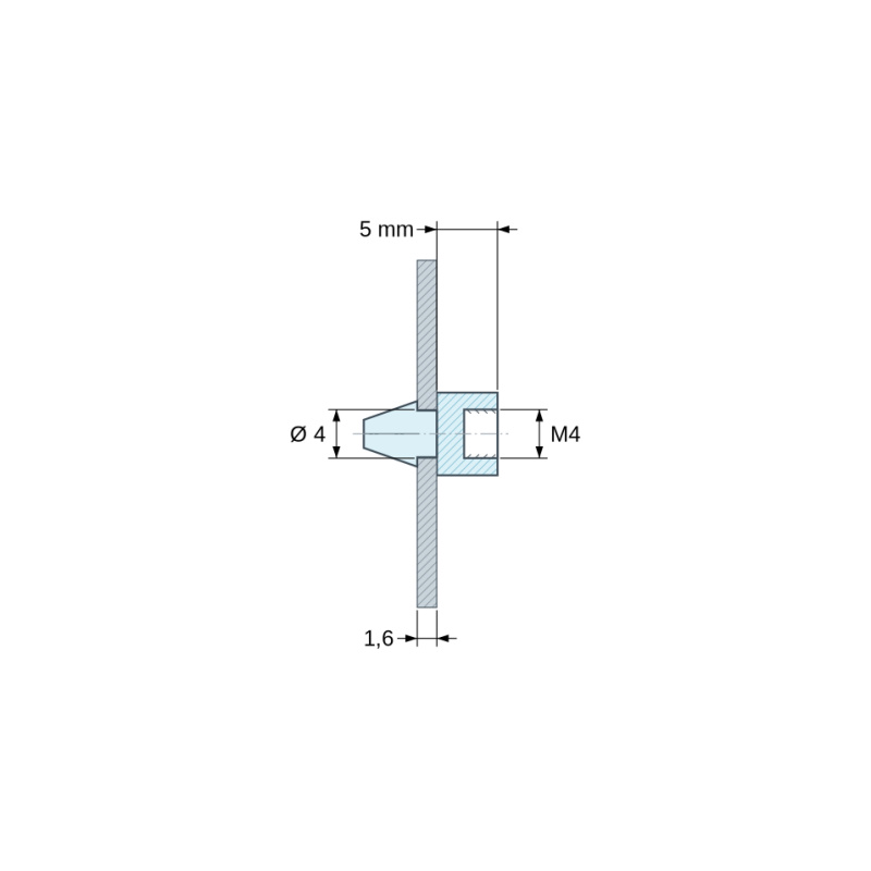 Plan coté 5 mm, Support de carte à clipser, taraudé M4, polyamide PA6.6 noir UL94-HB, trou de carte Ø4 mm, carte 1,6 mm
