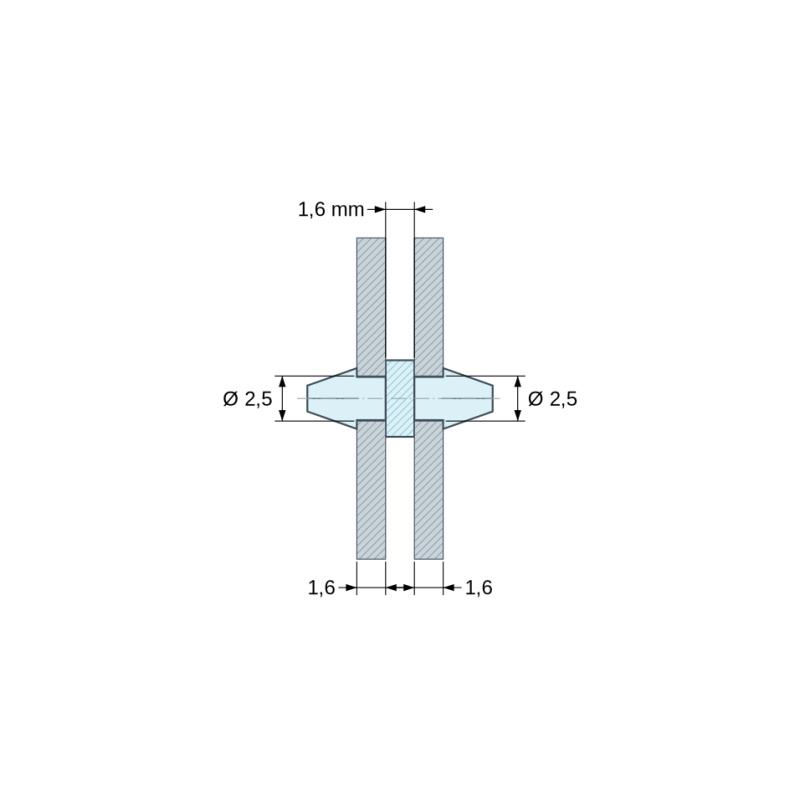 Plan coté 1,6 mm, Support de carte à clipser des deux côtés, polyamide PA6.6 naturel UL94-V2, trou de carte Ø2,5 mm, carte 1,6 mm