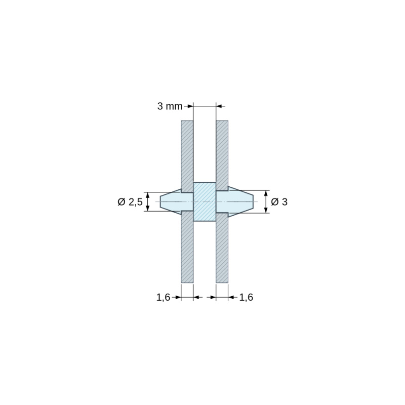 Plan coté 3 mm, Support de carte à clipser des deux côtés, polyamide PA6.6 noir UL94-HB, carte Ø2,5 mm 1,6 mm / châssis Ø3 mm 1,6 mm