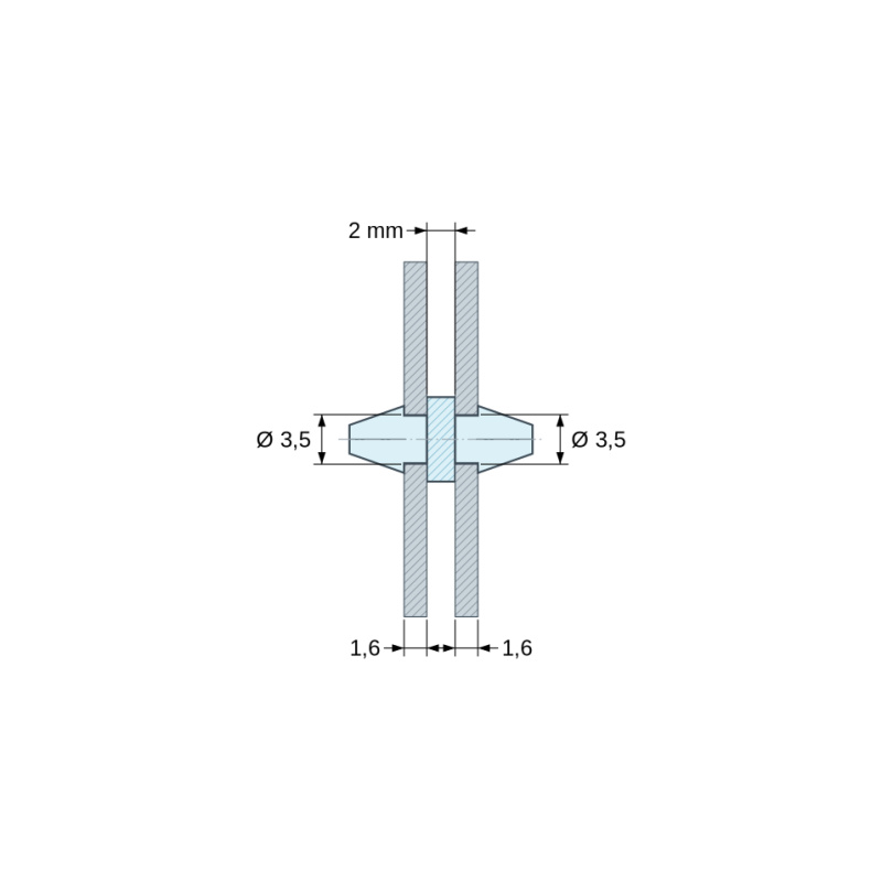 Plan coté 2 mm, Support de carte à clipser des deux côtés, polyamide PA6.6 naturel UL94-V2, trou de carte Ø3,5 mm, carte 1,6 mm