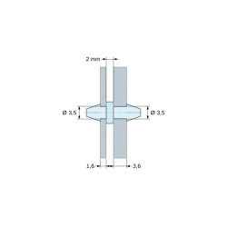 Plan coté 2 mm, Support de carte à clipser des deux côtés, polyamide PA6.6 naturel UL94-V2, carte Ø3,5 mm 1,6 mm / châssis Ø3,5 mm 3,6 mm