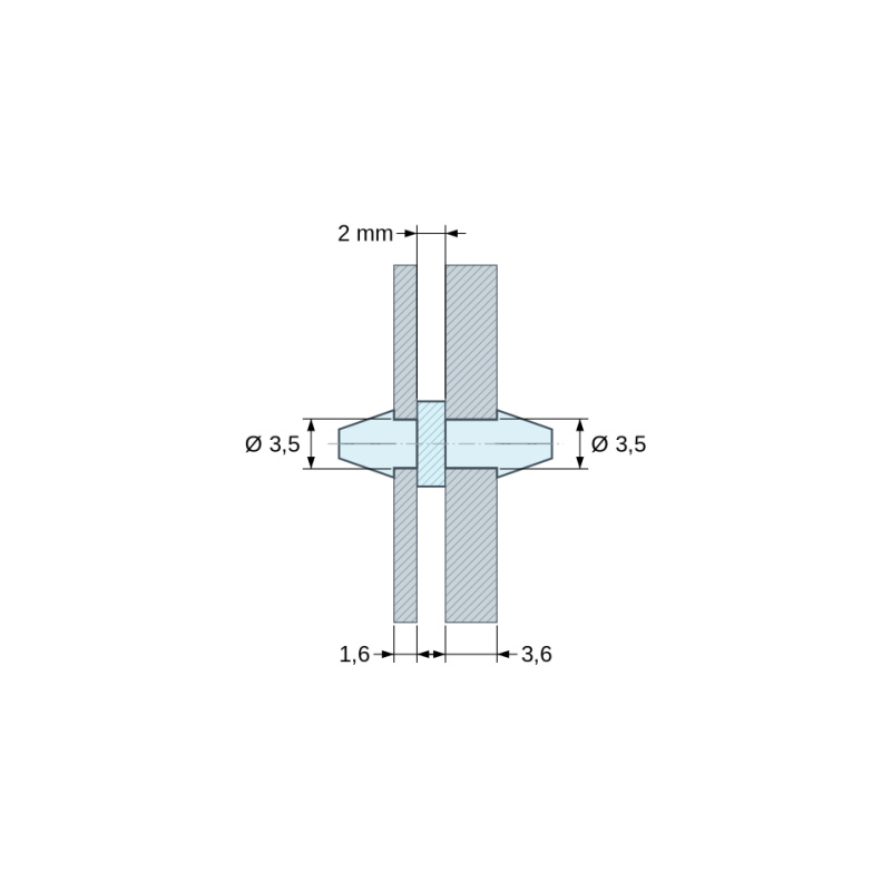 Plan coté 2 mm, Support de carte à clipser des deux côtés, polyamide PA6.6 naturel UL94-V2, carte Ø3,5 mm 1,6 mm / châssis Ø3,5 mm 3,6 mm