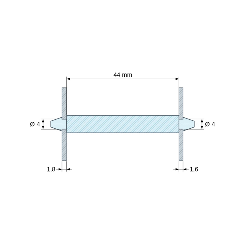 Plan coté 44 mm, Support de carte à clipser des deux côtés, polyamide PA6.6 noir UL94-HB, carte Ø4 mm 1,8 mm / châssis Ø4 mm 1,6 mm