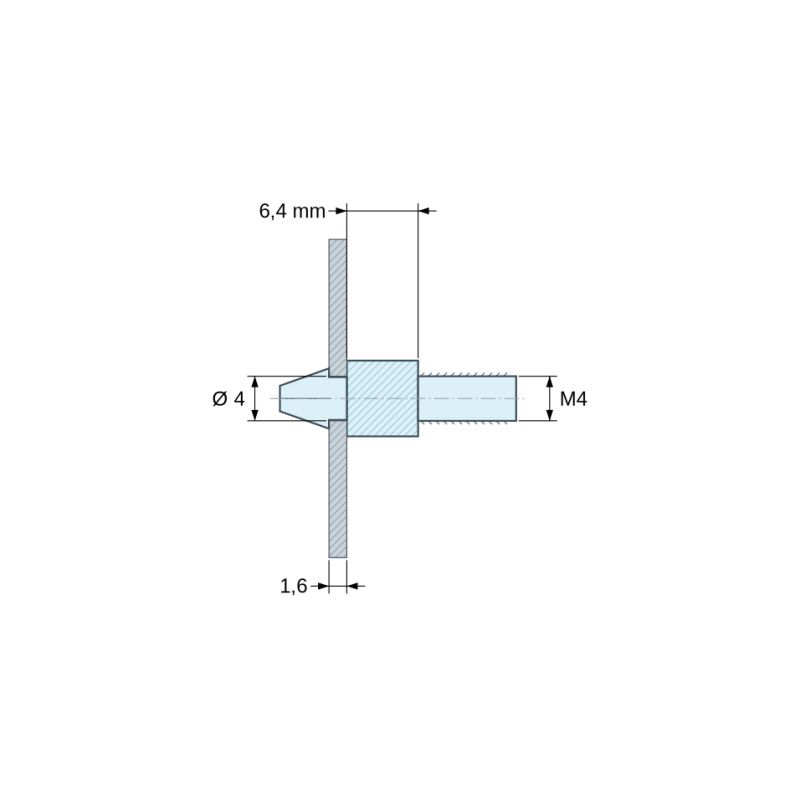 Plan coté 6,4 mm, Support de carte à clipser, fileté M4, polyamide PA6.6 naturel UL94-V0, trou de carte Ø4 mm, carte 1,6 mm