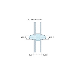 Plan coté 3,2 mm, Support de carte à clipser des deux côtés, polyamide PA6.6 naturel UL94-V2, carte Ø3,2 mm 1,6 mm / châssis Ø3,2 mm 0,8 à 2 mm