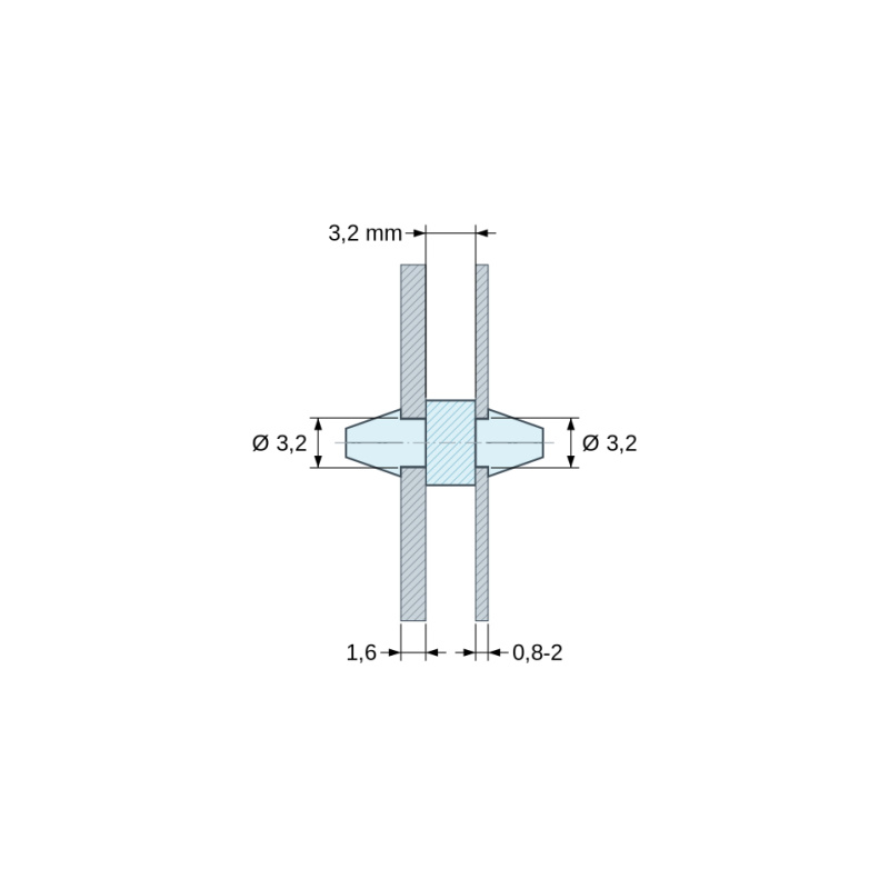 Plan coté 3,2 mm, Support de carte à clipser des deux côtés, polyamide PA6.6 naturel UL94-V2, carte Ø3,2 mm 1,6 mm / châssis Ø3,2 mm 0,8 à 2 mm