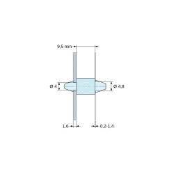 Plan coté 9,5 mm, Support de carte à clipser des deux côtés, polyamide PA6.6 naturel UL94-V2, carte Ø4 mm 1,6 mm / châssis Ø4,8 mm 0,2 à 1,4 mm
