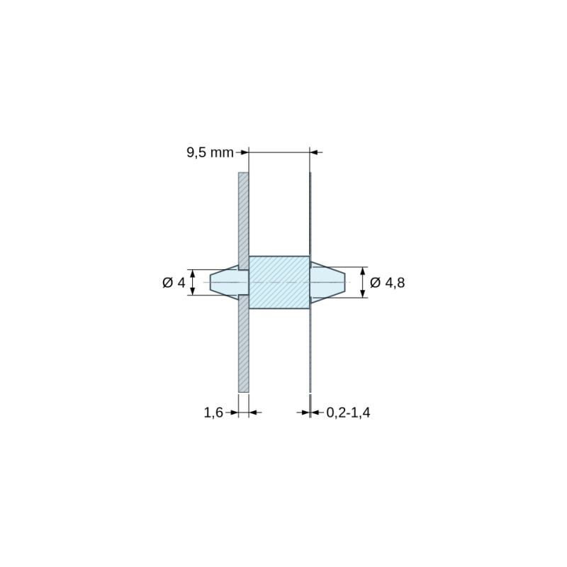 Plan coté 9,5 mm, Support de carte à clipser des deux côtés, polyamide PA6.6 naturel UL94-V2, carte Ø4 mm 1,6 mm / châssis Ø4,8 mm 0,2 à 1,4 mm