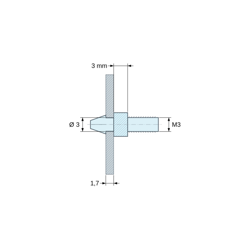 Plan coté 3 mm, Support de carte à clipser, fileté M3, polyamide PA6.6 noir UL94-HB, trou de carte Ø3 mm, carte 1,7 mm