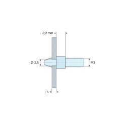 Plan coté 3,2 mm, Support de carte à clipser, fileté M3, polyamide PA6.6 naturel UL94-V2, trou de carte Ø2,5 mm, carte 1,6 mm