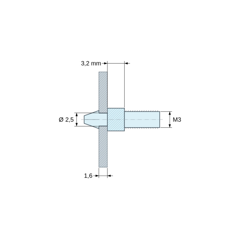 Plan coté 3,2 mm, Support de carte à clipser, fileté M3, polyamide PA6.6 naturel UL94-V2, trou de carte Ø2,5 mm, carte 1,6 mm