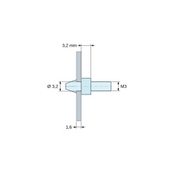 Plan coté 3,2 mm, Support de carte à clipser, fileté M3, polyamide PA6.6 naturel UL94-V2, trou de carte Ø3,2 mm, carte 1,6 mm