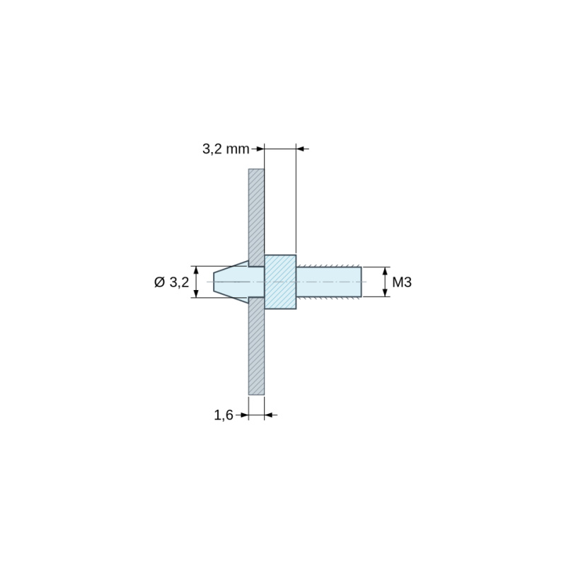 Plan coté 3,2 mm, Support de carte à clipser, fileté M3, polyamide PA6.6 naturel UL94-V2, trou de carte Ø3,2 mm, carte 1,6 mm