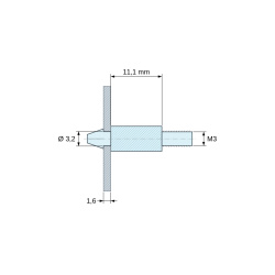 Plan coté 11,1 mm, Support de carte à clipser, fileté M3, polyamide PA6.6 naturel UL94-V2, trou de carte Ø3,2 mm, carte 1,6 mm