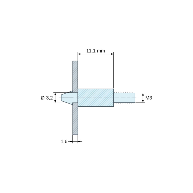 Plan coté 11,1 mm, Support de carte à clipser, fileté M3, polyamide PA6.6 naturel UL94-V2, trou de carte Ø3,2 mm, carte 1,6 mm