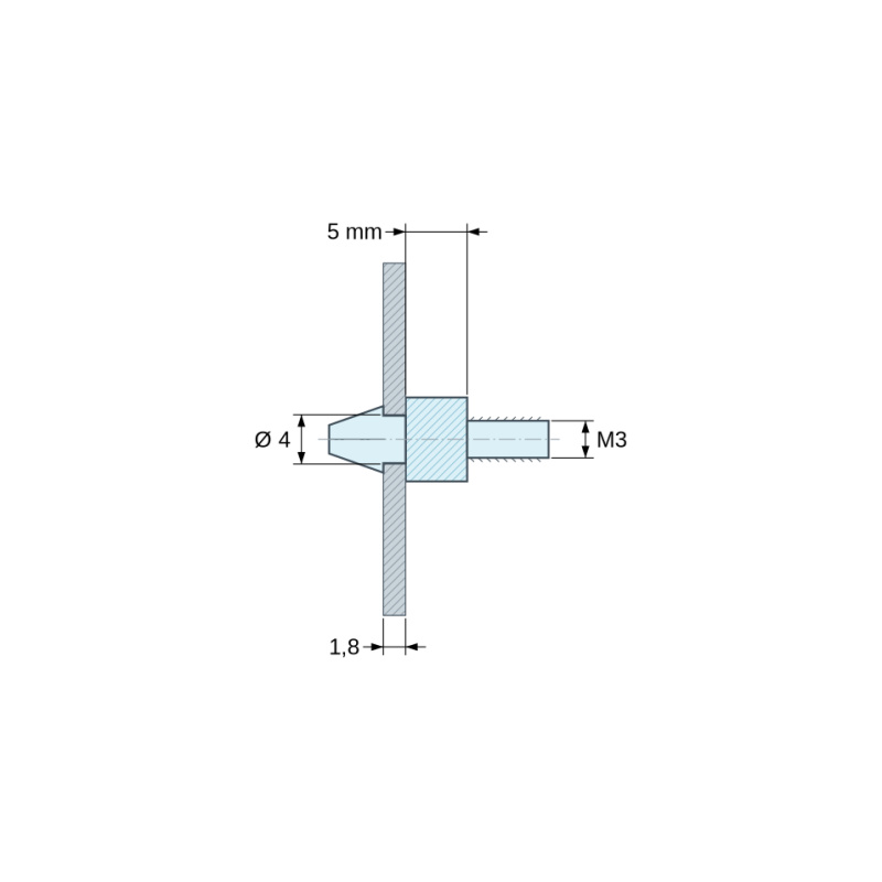 Plan coté 5 mm, Support de carte à clipser, fileté M3, polyamide PA6.6 noir UL94-HB, trou de carte Ø4 mm, carte 1,8 mm