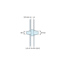 Plan coté 3,5 mm, Support de carte à clipser des deux côtés, polyamide PA6.6 naturel UL94-V2, carte Ø4 mm 1,6 mm / châssis Ø4,8 mm 0,8 à 2 mm