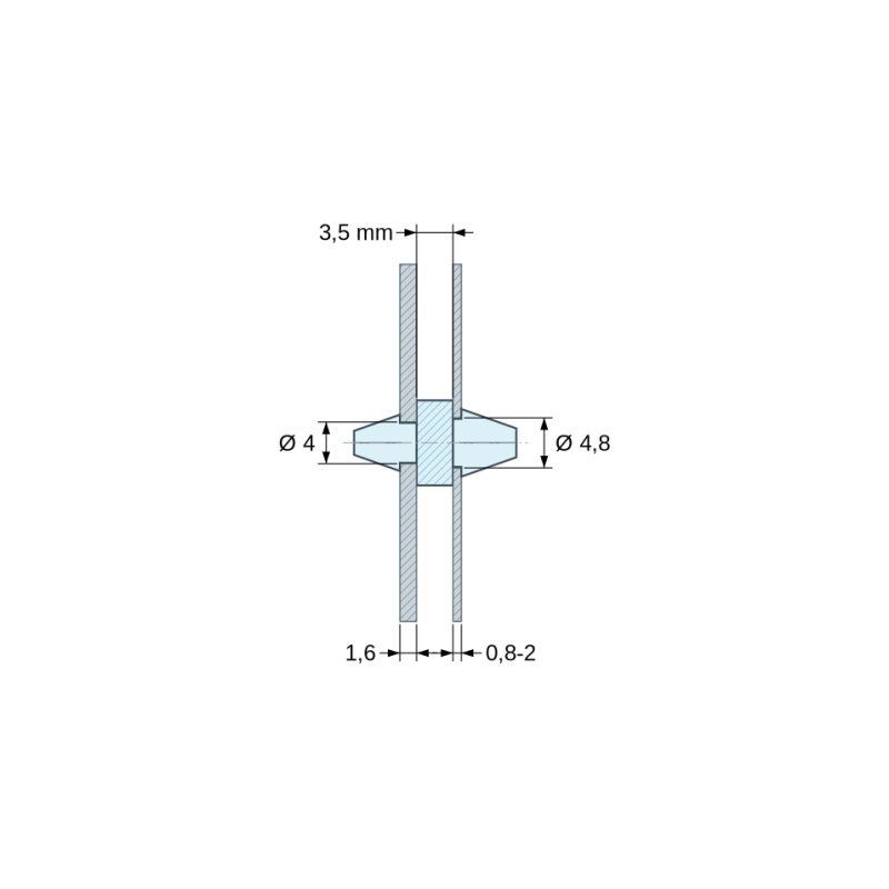 Plan coté 3,5 mm, Support de carte à clipser des deux côtés, polyamide PA6.6 naturel UL94-V2, carte Ø4 mm 1,6 mm / châssis Ø4,8 mm 0,8 à 2 mm
