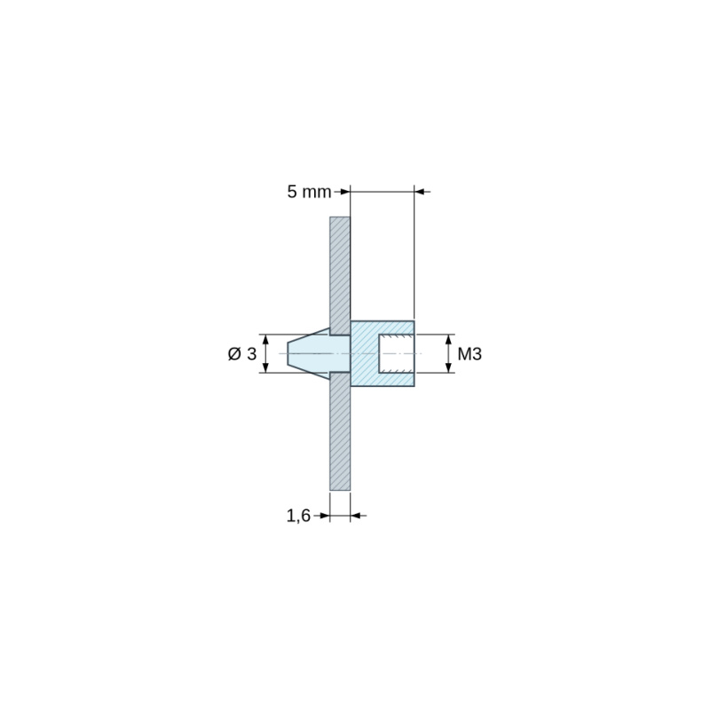 Plan coté 5 mm, Support de carte à clipser, taraudé M3, polyamide PA6.6 noir UL94-HB, trou de carte Ø3 mm, carte 1,6 mm
