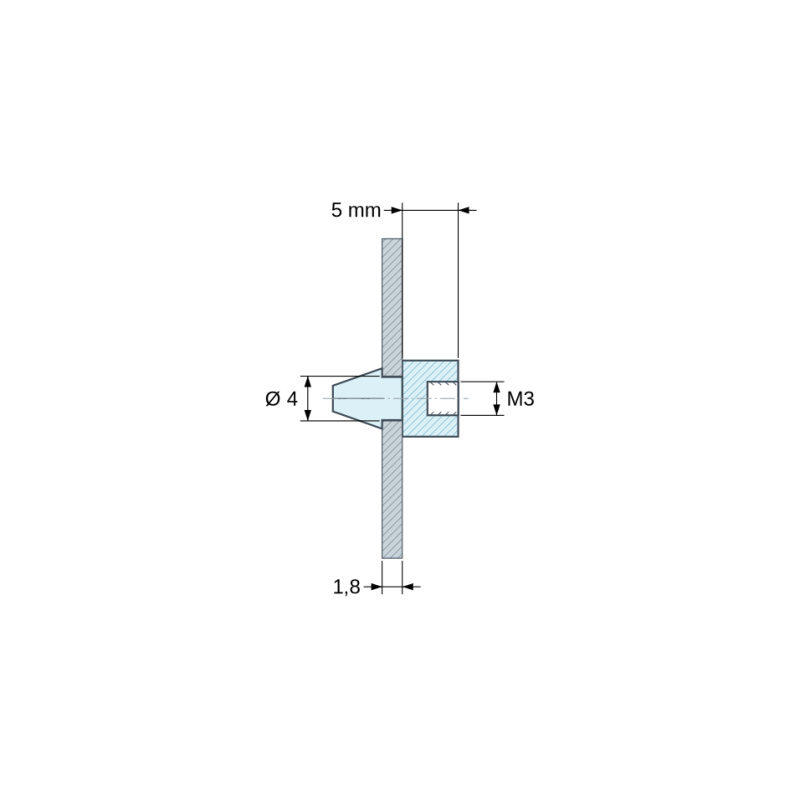 Plan coté 5 mm, Support de carte à clipser, taraudé M3, polyamide PA6.6 noir UL94-HB, trou de carte Ø4 mm, carte 1,8 mm