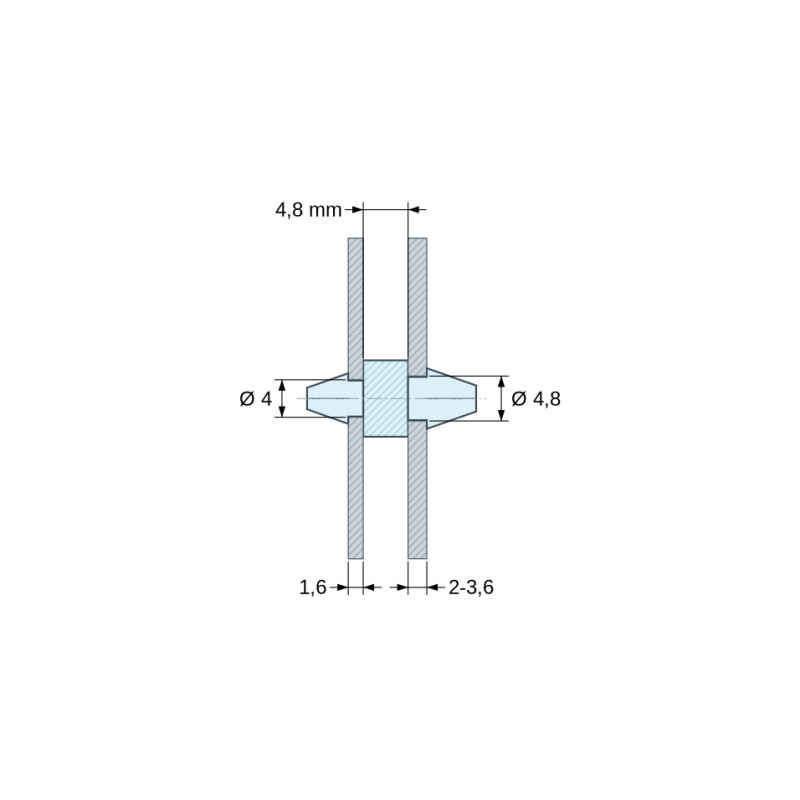 Plan coté 4,8 mm, Support de carte à clipser des deux côtés, polyamide PA6.6 naturel UL94-V2, carte Ø4 mm 1,6 mm / châssis Ø4,8 mm 2 à 3,6 mm