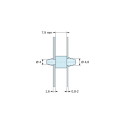Plan coté 7,9 mm, Support de carte à clipser des deux côtés, polyamide PA6.6 naturel UL94-V0, carte Ø4 mm 1,6 mm / châssis Ø4,8 mm 0,8 à 2 mm