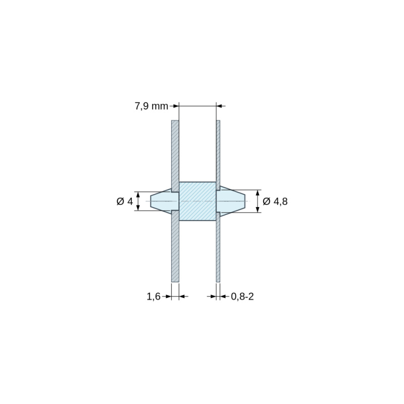 Plan coté 7,9 mm, Support de carte à clipser des deux côtés, polyamide PA6.6 naturel UL94-V0, carte Ø4 mm 1,6 mm / châssis Ø4,8 mm 0,8 à 2 mm