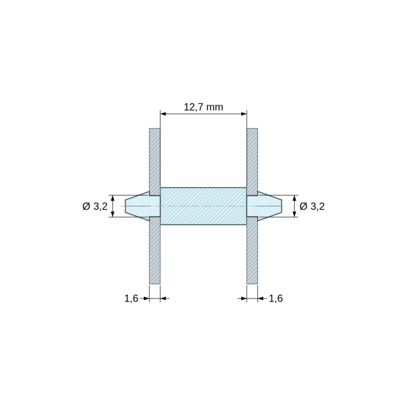 Plan coté 12,7 mm, Support de carte à clipser des deux côtés, polyamide PA6.6 naturel UL94-V0, trou de carte Ø3,2 mm, carte 1,6 mm