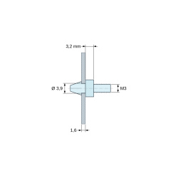 Plan coté 3,2 mm, Support de carte à clipser, fileté M3, polyamide PA6.6 naturel UL94-V2, trou de carte Ø3,9 mm, carte 1,6 mm