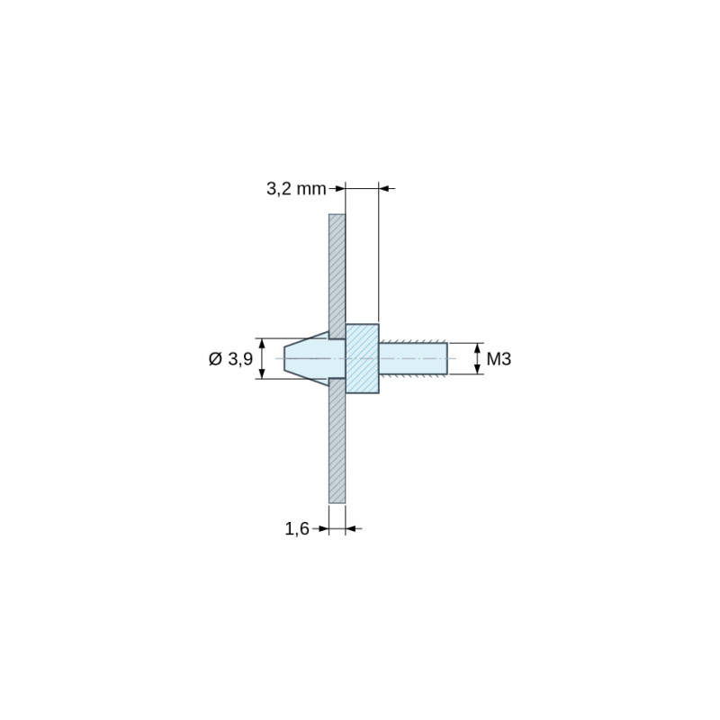Plan coté 3,2 mm, Support de carte à clipser, fileté M3, polyamide PA6.6 naturel UL94-V2, trou de carte Ø3,9 mm, carte 1,6 mm