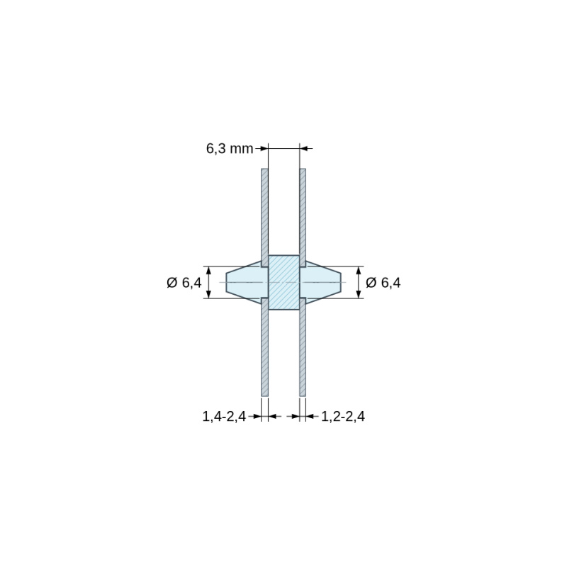 Plan coté 6,3 mm, Support de carte à clipser des deux côtés, polycarbonate PC noir UL94-V2, carte Ø6,4 mm 1,4-2,4 mm / châssis Ø6,4 mm 1,2-2,4 mm