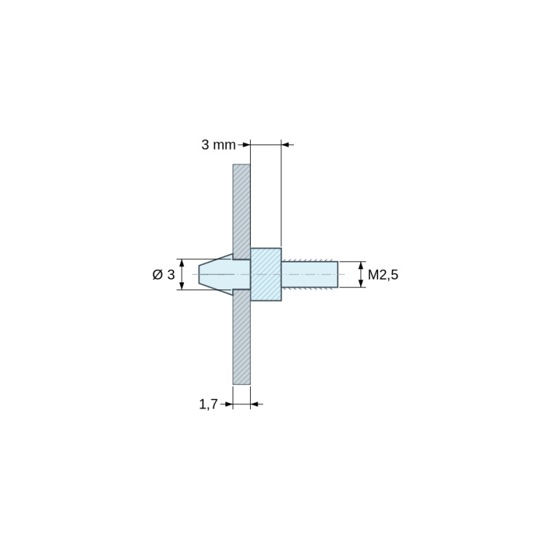 Plan coté 3 mm, Support de carte à clipser, fileté M2,5, polyamide PA6.6 noir UL94-HB, trou de carte Ø3 mm, carte 1,7 mm