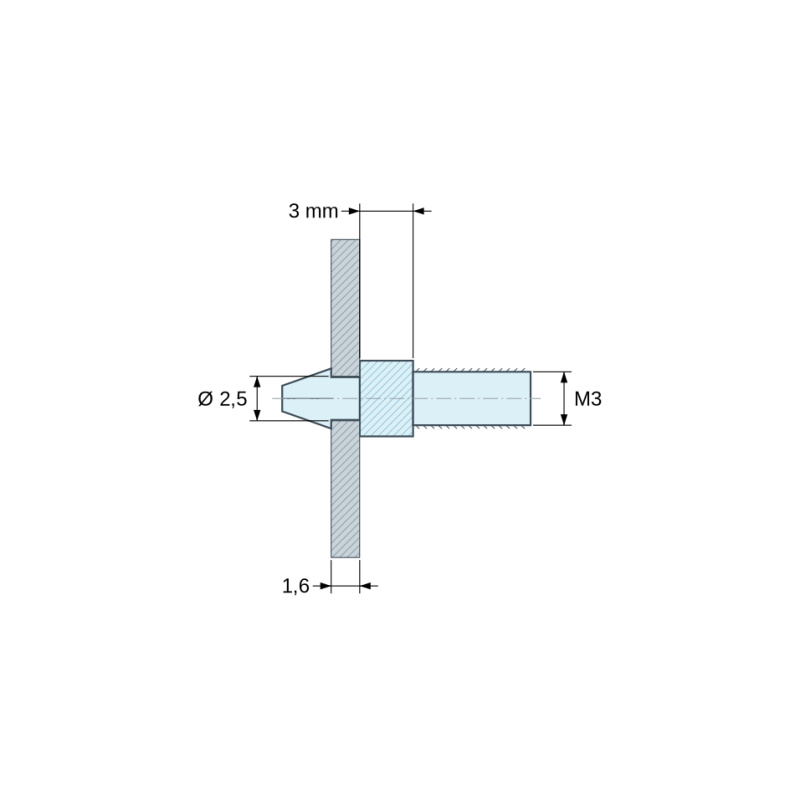 Plan coté 3 mm, Support de carte à clipser, fileté M3, polyamide PA6.6 noir UL94-HB, trou de carte Ø2,5 mm, carte 1,6 mm