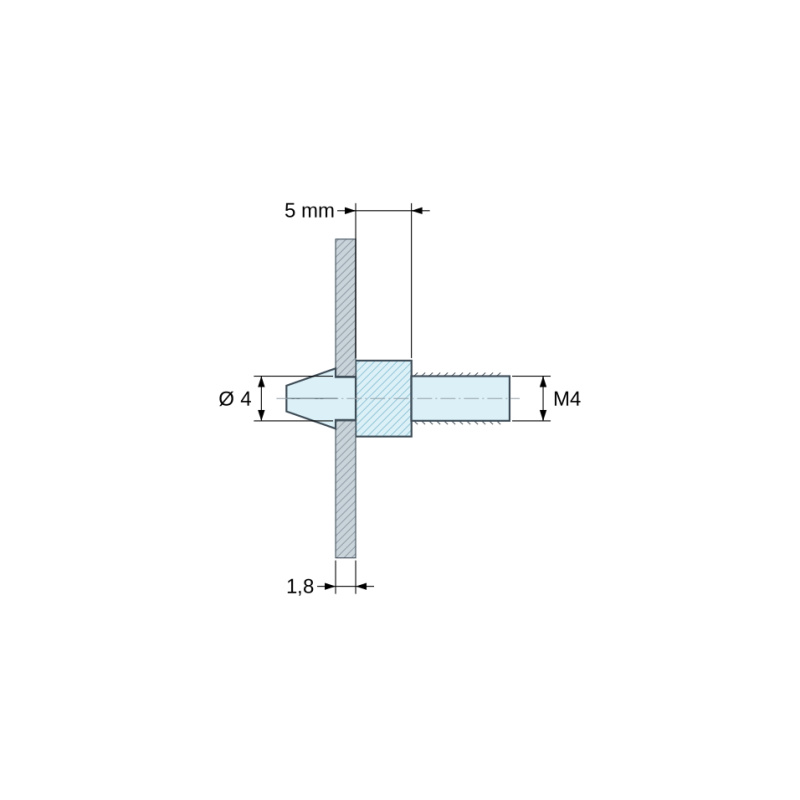 Plan coté 5 mm, Support de carte à clipser, fileté M4, polyamide PA6.6 noir UL94-HB, trou de carte Ø4 mm, carte 1,8 mm