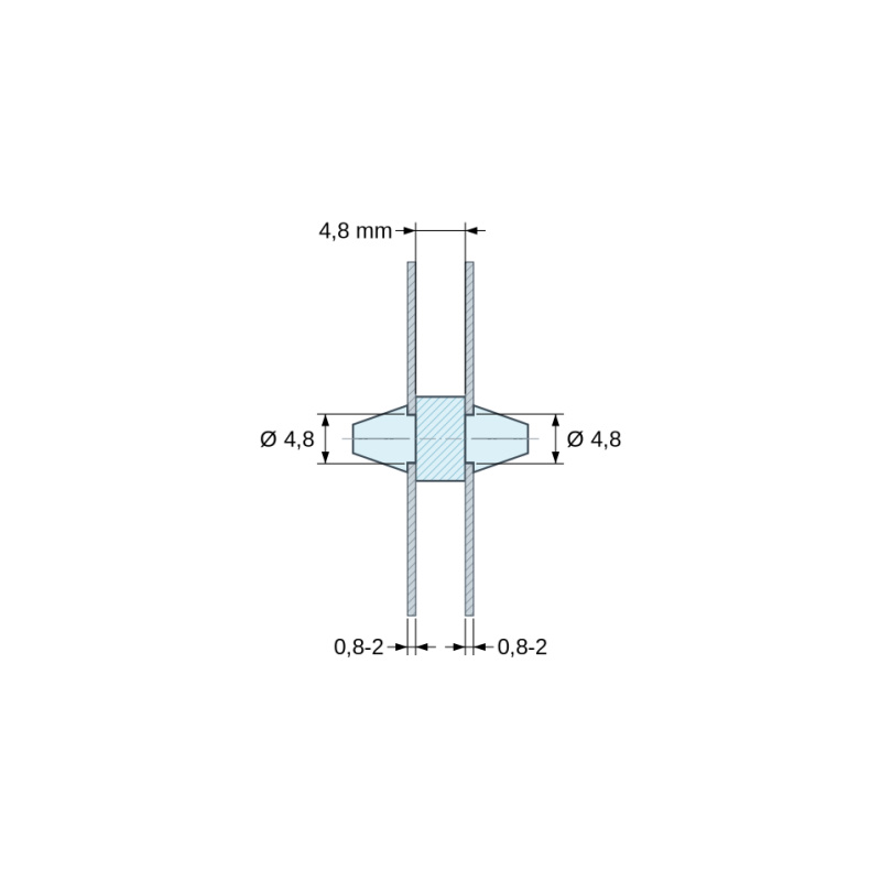 Plan coté 4,8 mm, Support de carte à clipser des deux côtés, polyamide PA6.6 naturel UL94-V2, trou de carte Ø4,8 mm, carte 0,8 à 2 mm