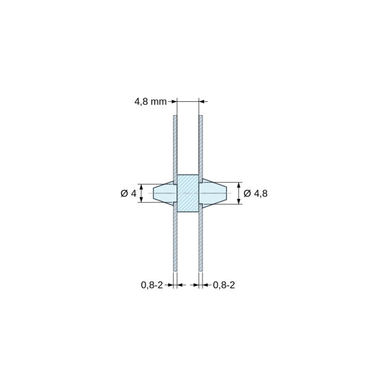 Plan coté 4,8 mm, Support de carte à clipser des deux côtés, polyamide PA6.6 naturel UL94-V2, carte Ø4 mm 0,8 à 2 mm / châssis Ø4,8 mm 0,8 à 2 mm