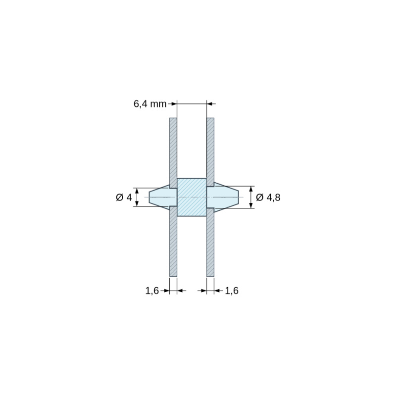 Plan coté 6,4 mm, Support de carte à clipser des deux côtés, polyamide PA6.6 naturel UL94-V2, carte Ø4 mm 1,6 mm / châssis Ø4,8 mm 1,6 mm