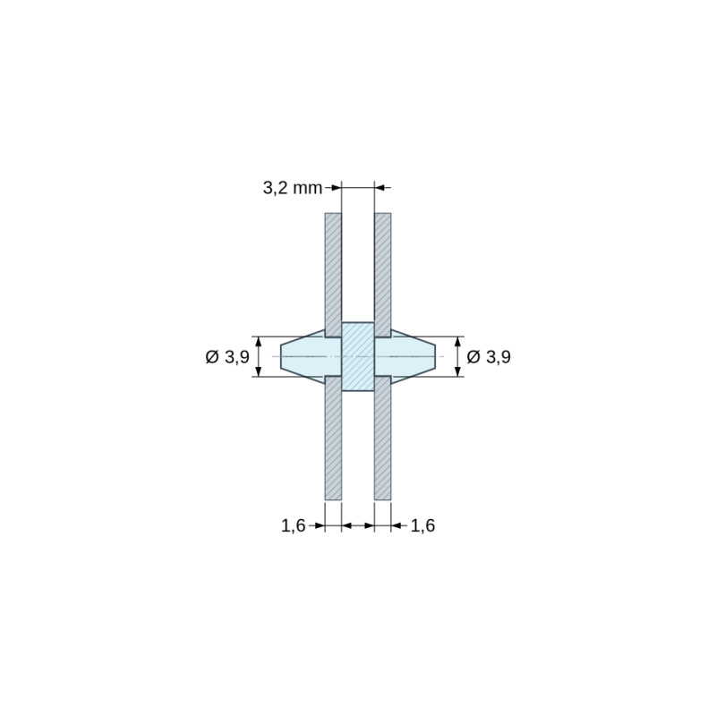 Plan coté 3,2 mm, Support de carte à clipser des deux côtés, polyamide PA6.6 naturel UL94-V2, trou de carte Ø3,9 mm, carte 1,6 mm