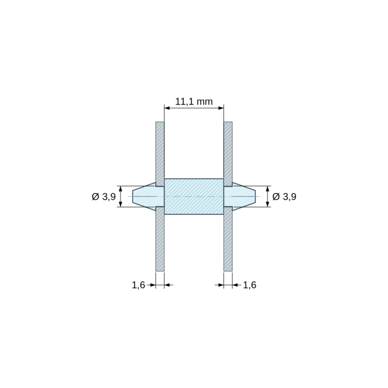 Plan coté 11,1 mm, Support de carte à clipser des deux côtés, polyamide PA6.6 naturel UL94-V2, trou de carte Ø3,9 mm, carte 1,6 mm