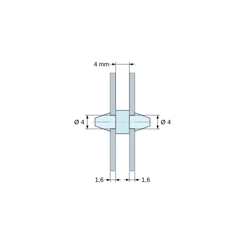 Plan coté 4 mm, Support de carte à clipser des deux côtés, polyamide PA6.6 naturel UL94-V2, trou de carte Ø4 mm, carte 1,6 mm